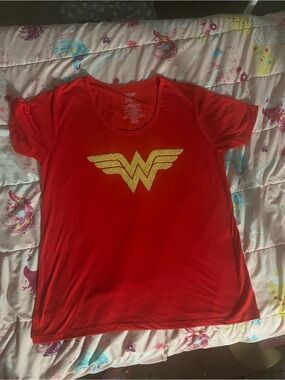 DC Red Short Sleeve Tee with Gold Wonder Emblem